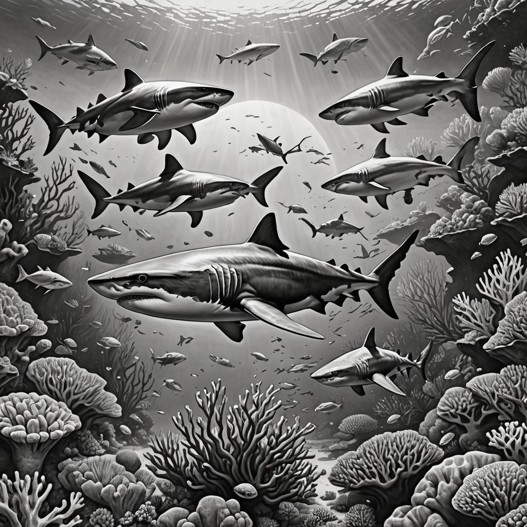 Diver and Sharks Over Coral Reef in Comic Book Art