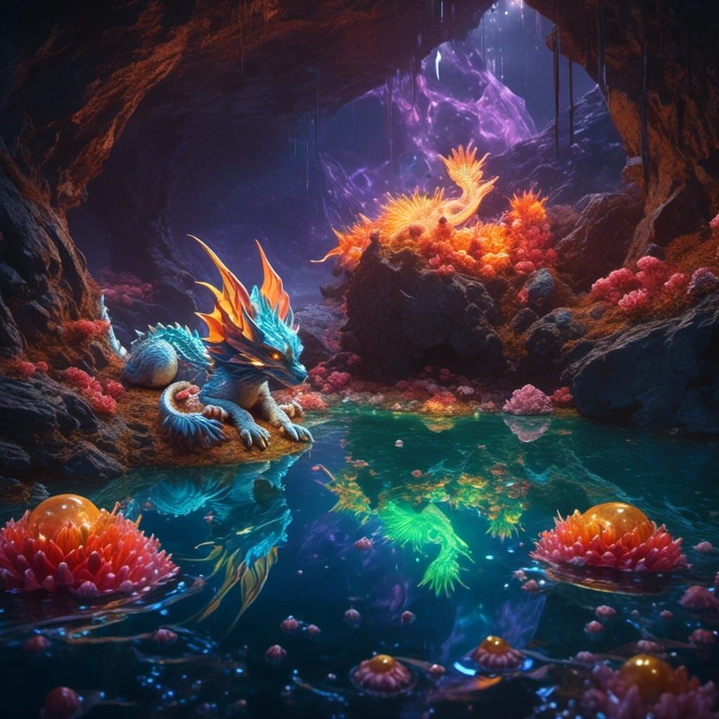 Dragon in Bioluminescent Cave with Baby Dragon