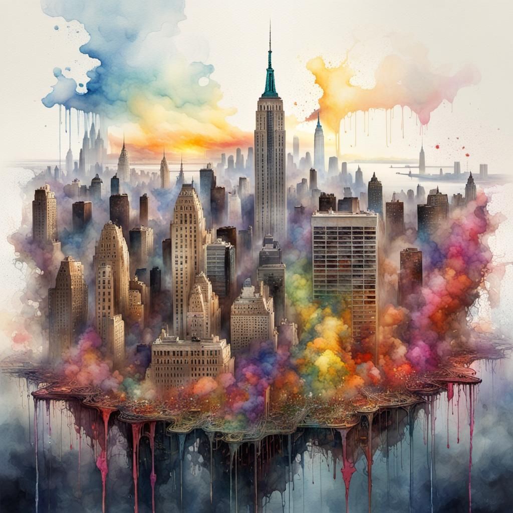 NYC Skyline as Watercolor Splash Fluorescent Art