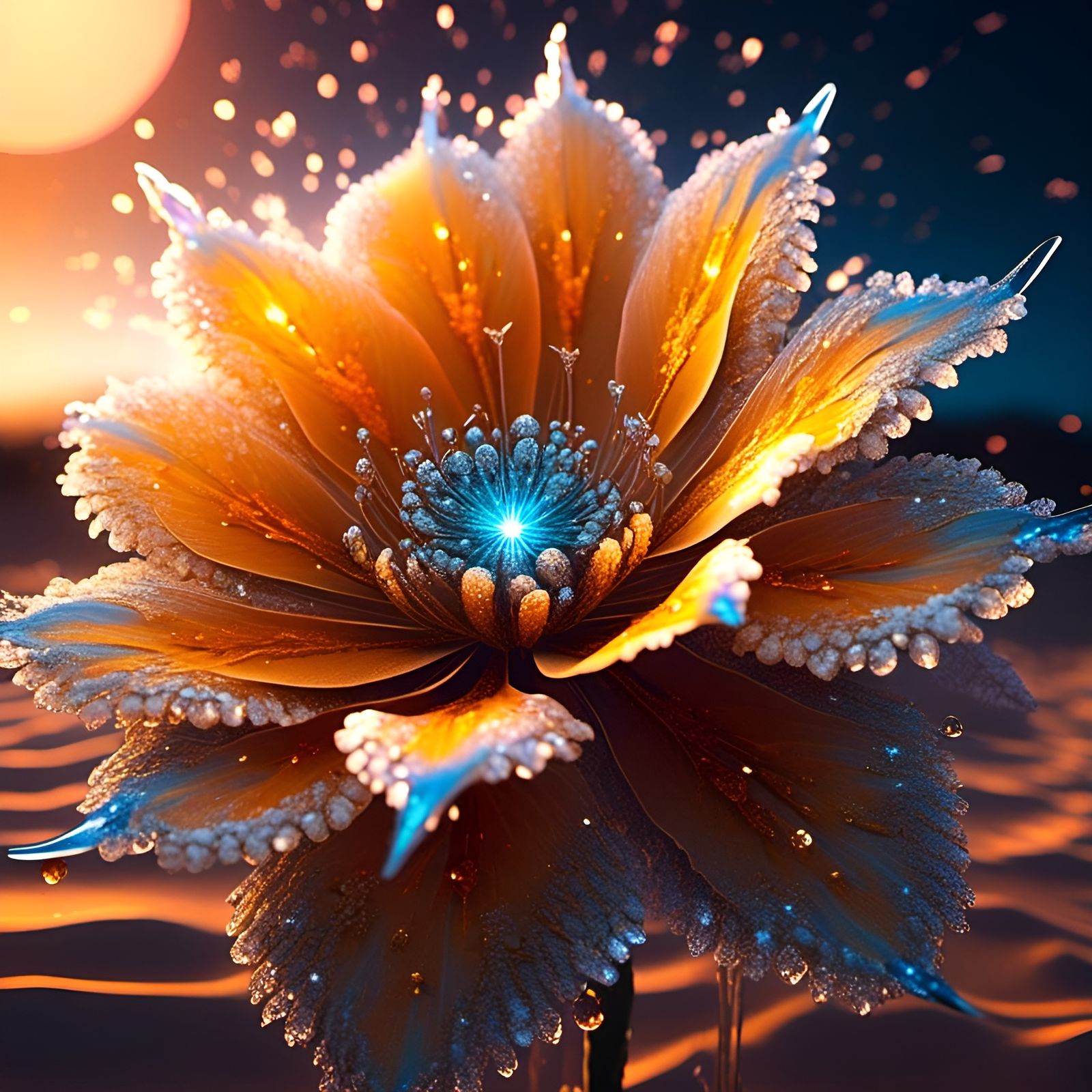 Luminous Double Exposure Frozen Flower in Golden Sunset