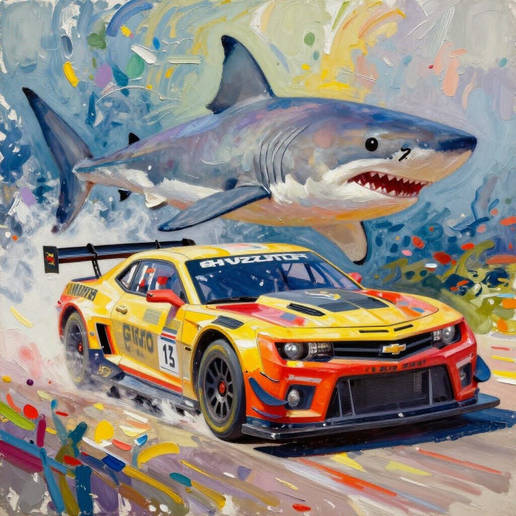 Camaro Races Shark in Epic Impressionist Masterpiece