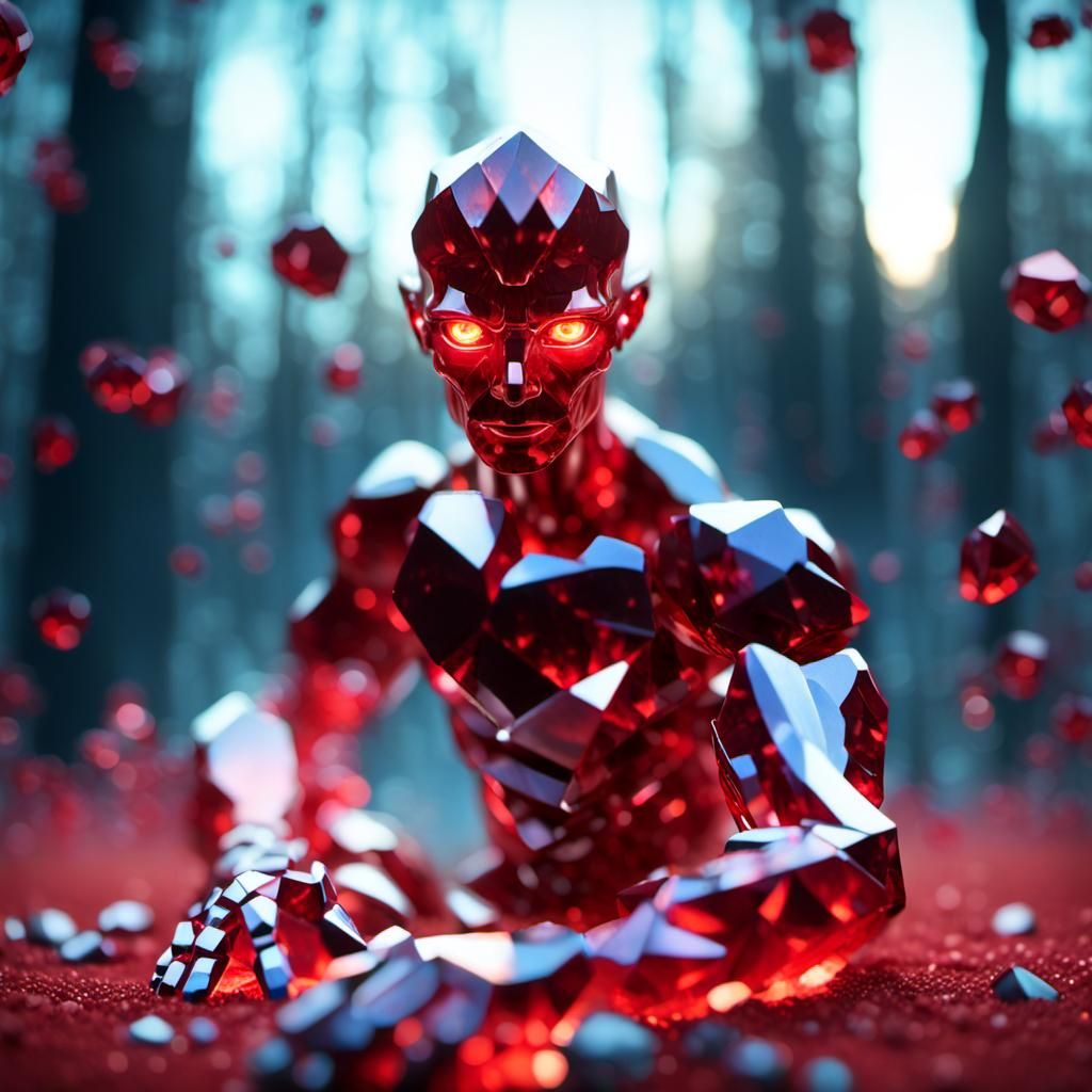 Crystalline Ruby Shardmind with Glowing Eyes in Hyperrealism