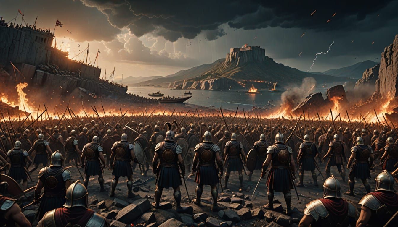 Epic Ancient Battle Scene with Greek Warriors in Thermopylae