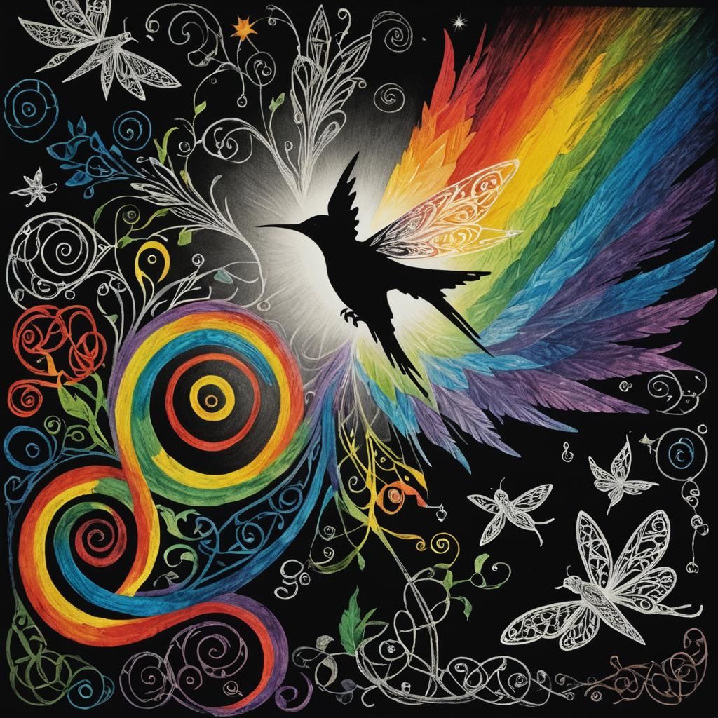 Surreal Celtic Fairy Bird Plane in Childlike Crayon Art