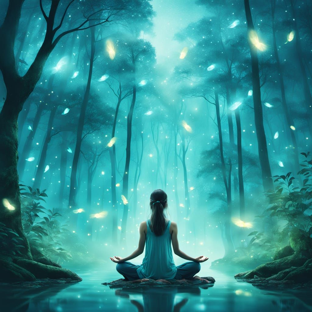 Ethereal Woman Embraces Bioluminescent Forest in Dreamy Doub...