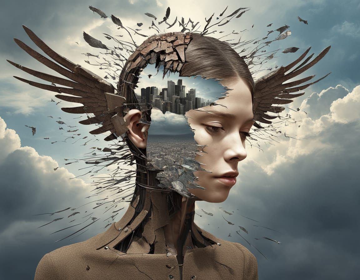 Surreal Portrait with Mechanical Wings: Igor Morski Style