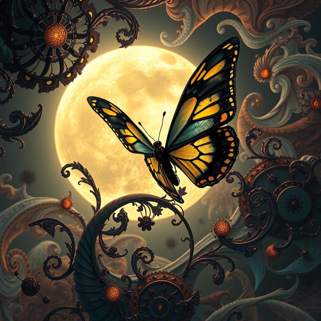 Moonlit Black and Gold Butterfly in Vibrant, Fantastical Pat...