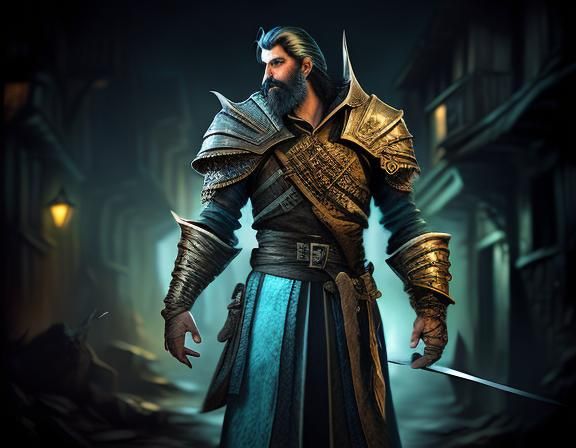 Medieval Man in Fantasy City Alley, Hyperrealistic Illustrat...