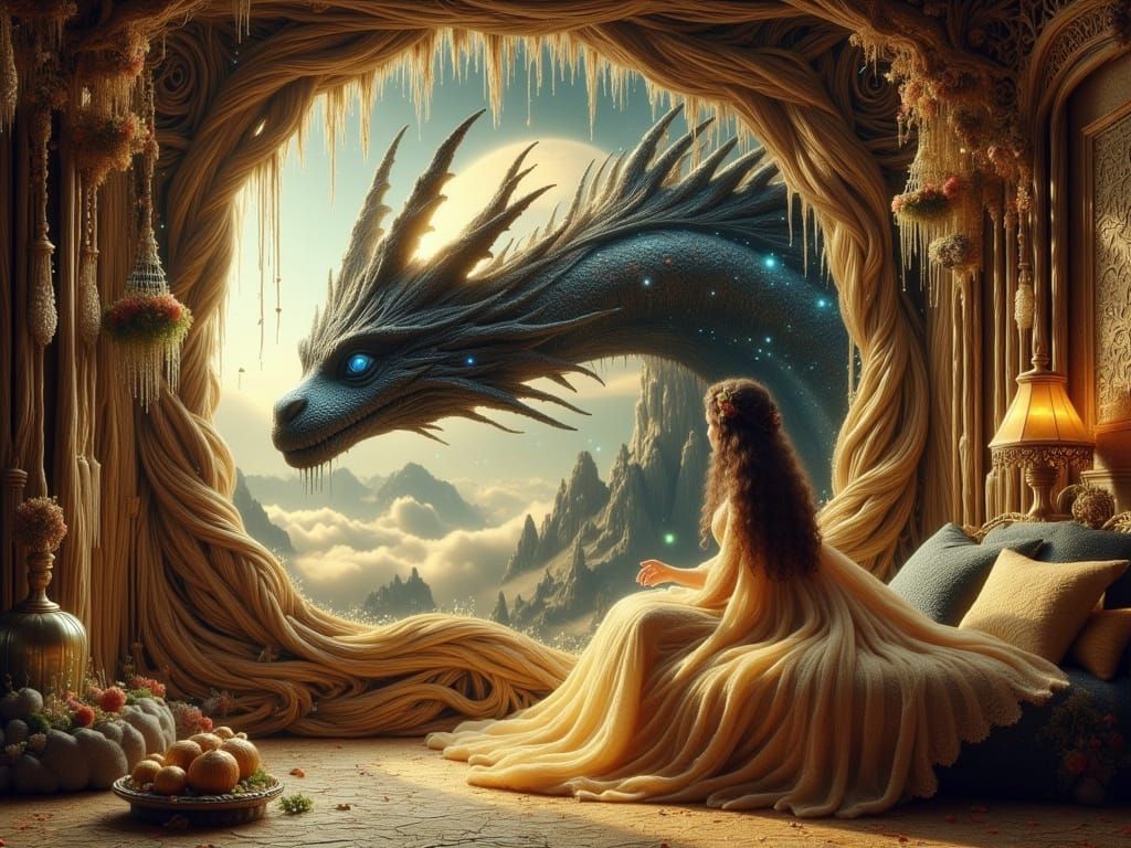 Princess in Bohemian Bedroom Contemplates a Majestic Black D...