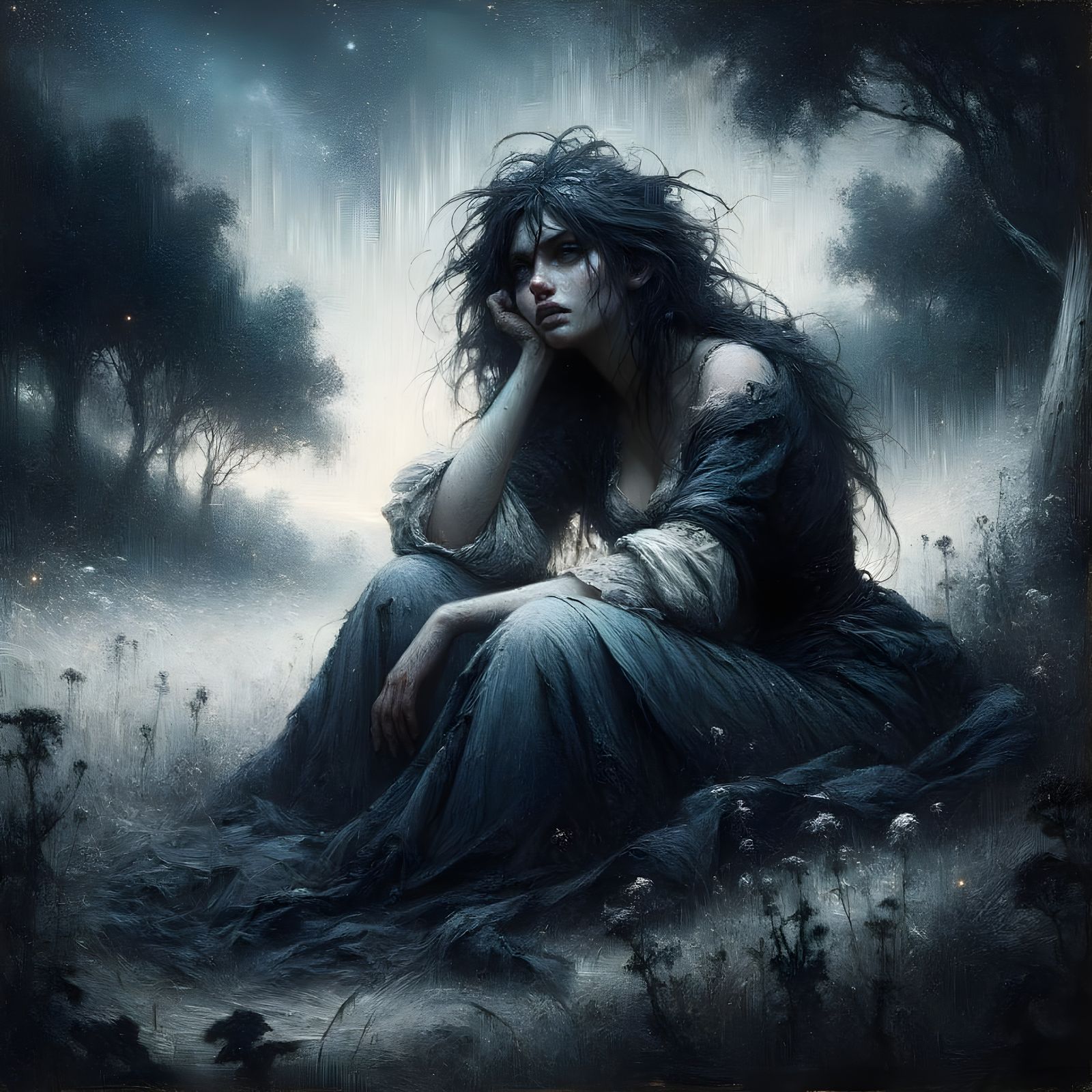 Norse Goddess of the Moon in a Stormy Nighttime Landscape