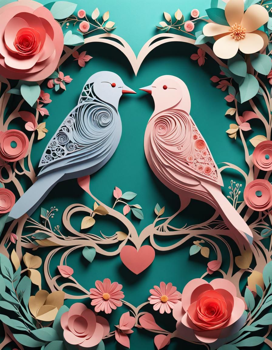 Paper Cutout Love Birds in Pastel Watercolor