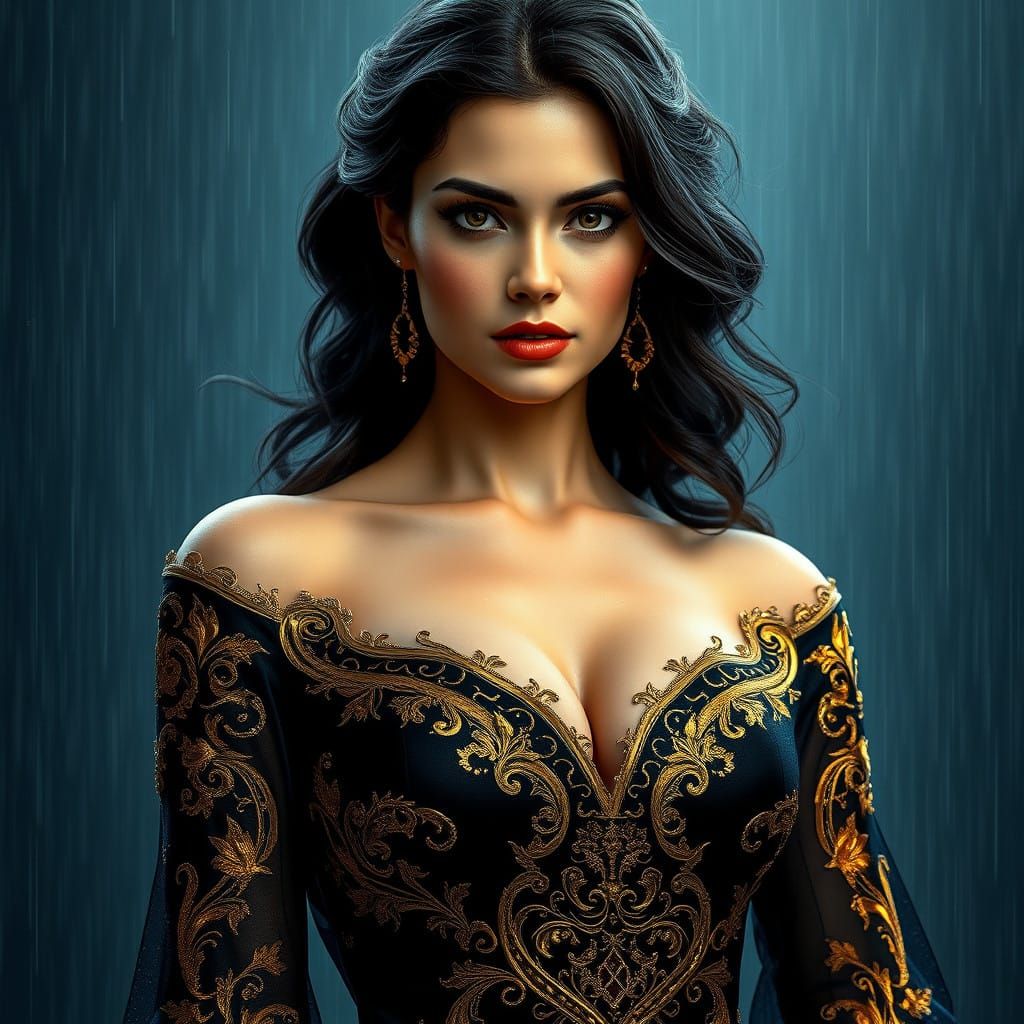 Elegant Woman in Hyperrealistic Portrait Standing in Gentle...