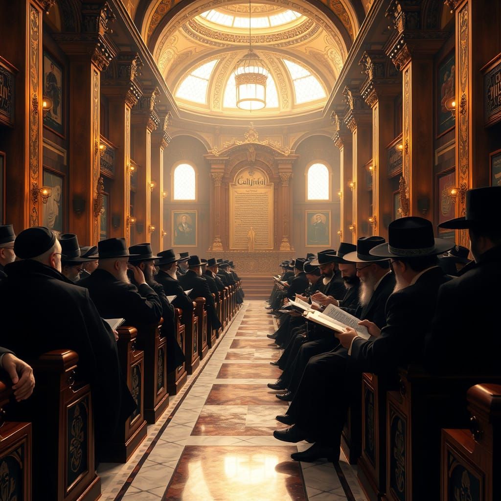 Haredi Men Study Sacred Texts in Orthodox Synagogue