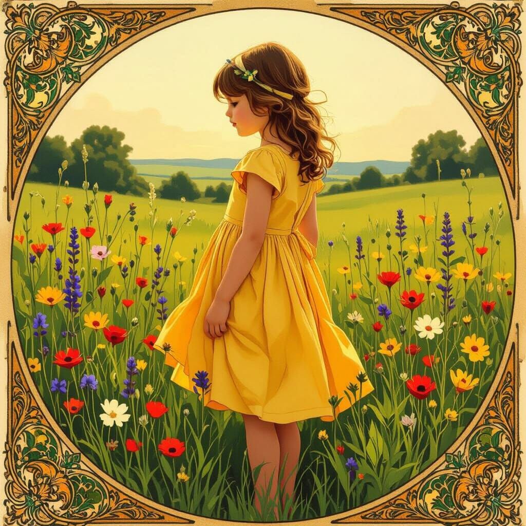 Girl in Meadow, Art Nouveau Style