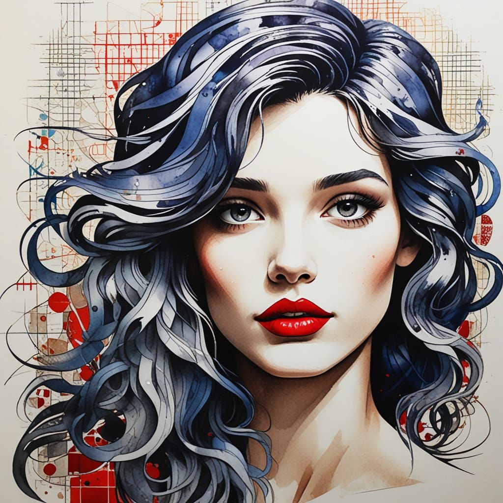 Elegant Woman in Vibrant Comic Line Drawing Style