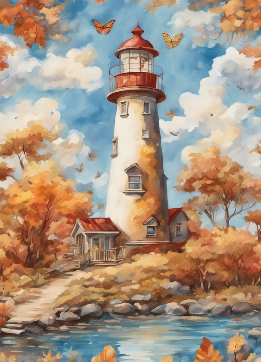 Enchanted Autumn Lighthouse with Butterflies in Gouache Styl...
