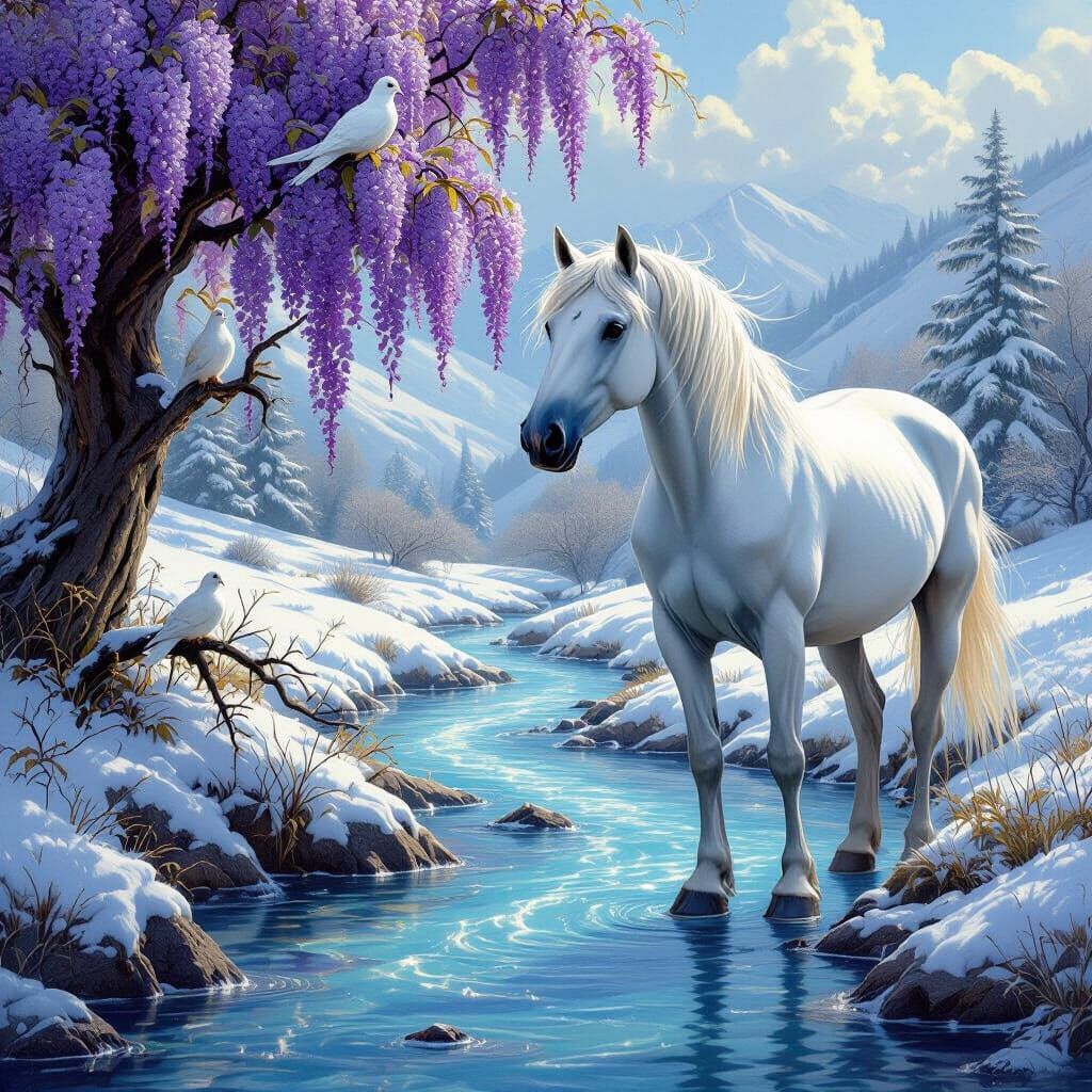 Majestic White Stallion and Woman in Winter Landscape