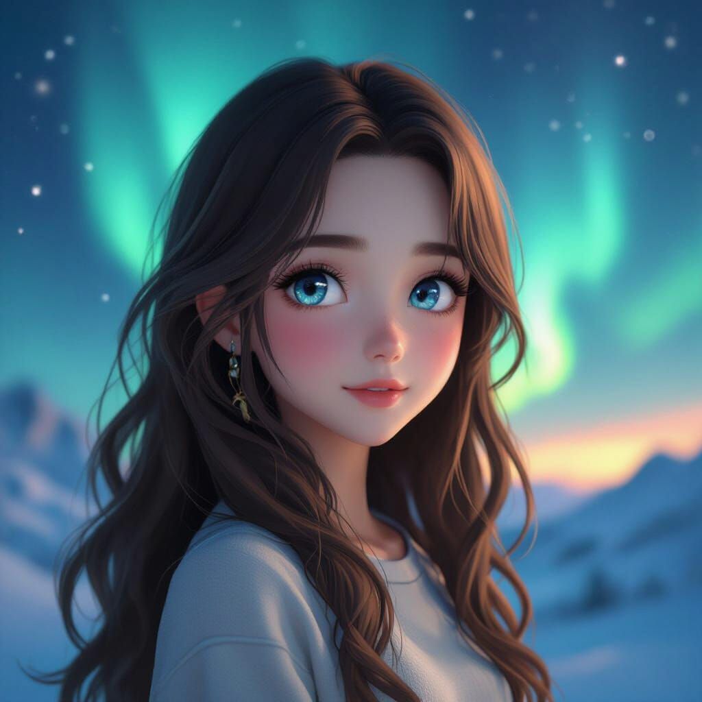 Girl Under Northern Lights in 3D Anime Style