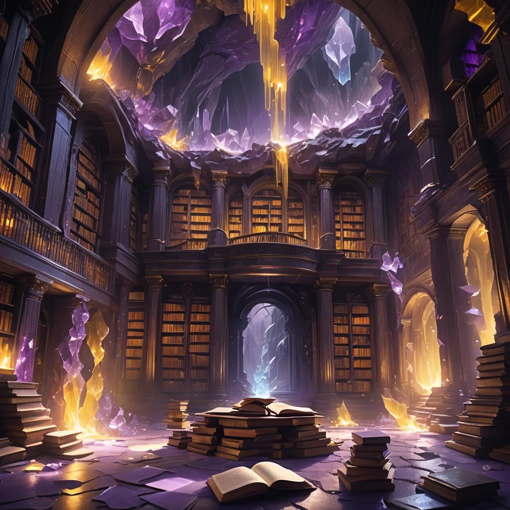 Crystal Cave Library in Dark Fantasy Style