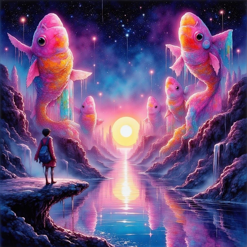 Futuristic Crystal City Floating in Cosmic Ocean