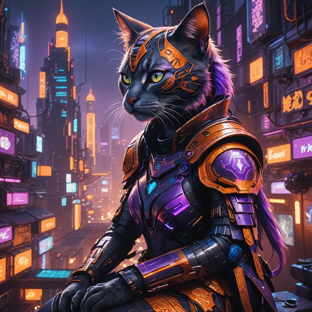 Cyberpunk Cat-Girl in Neon Cityscape