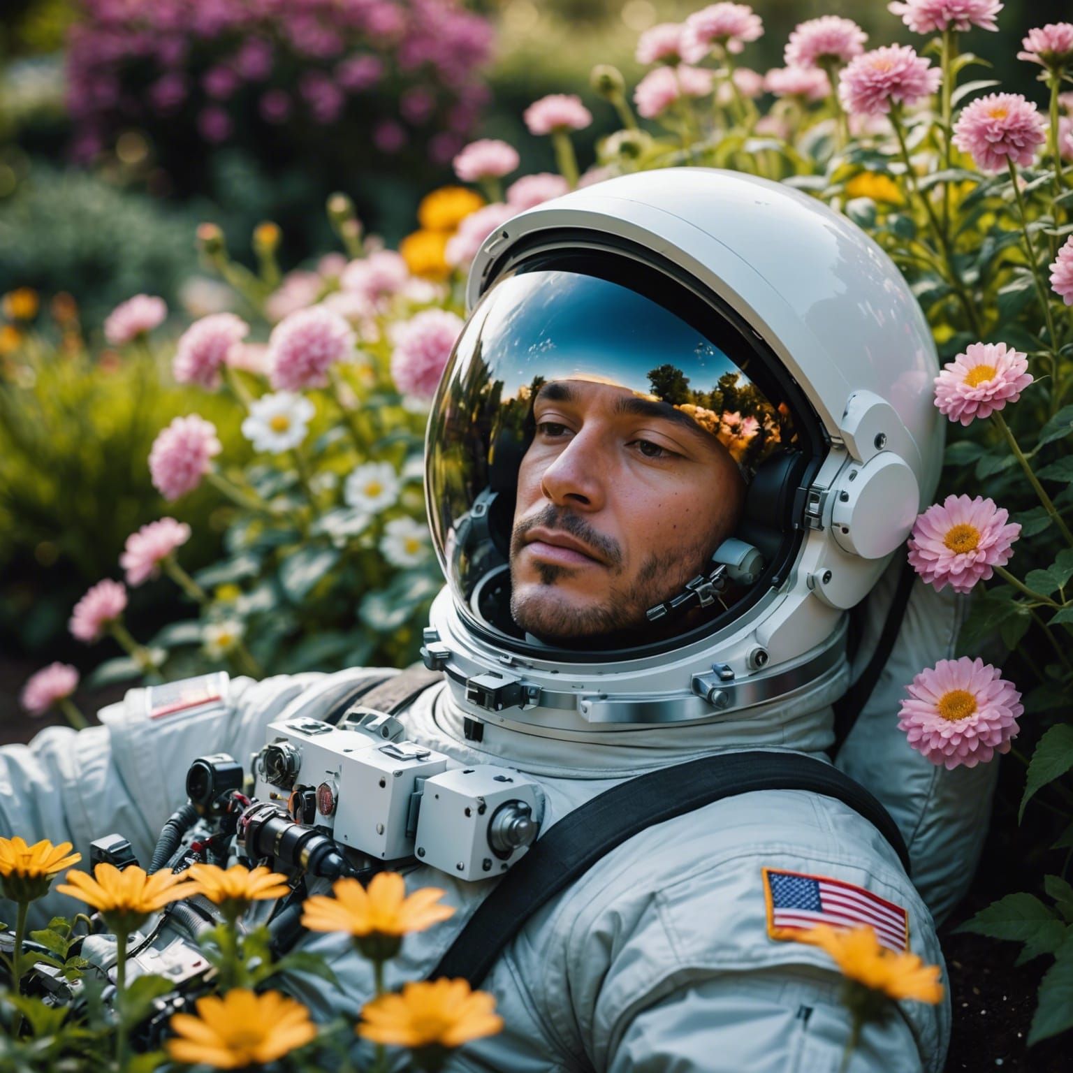 An astronaut lying in a garden of flowers. The universe is r...