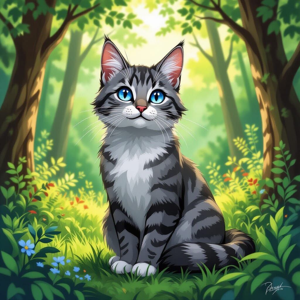 Jayfeather in Forest Clearing, Illustrative Fantasy Art