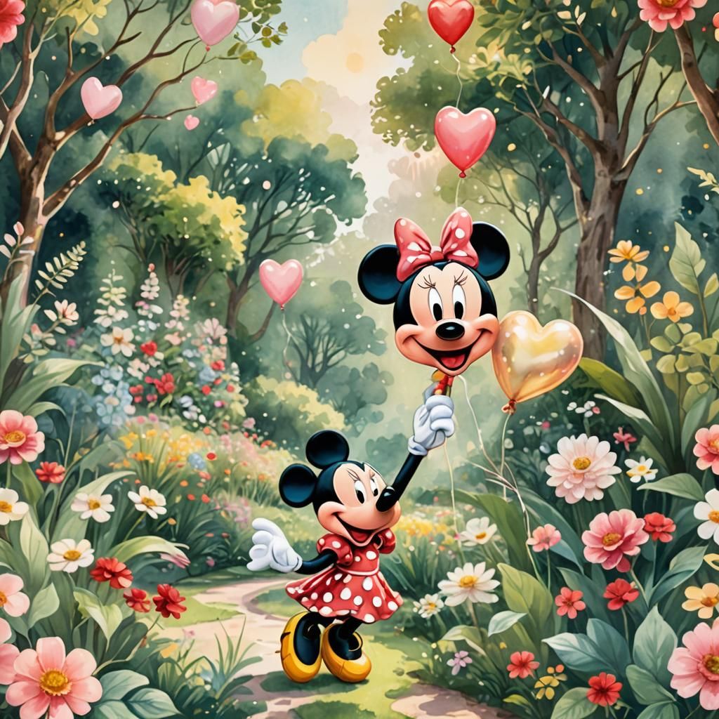 Minnie Mouse in Floral Garden: Whimsical Watercolor Art