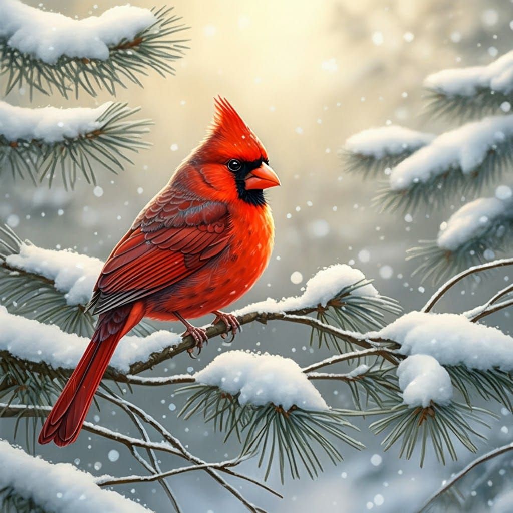 Cardinal in Winter Snowscape as Impressionist Painting