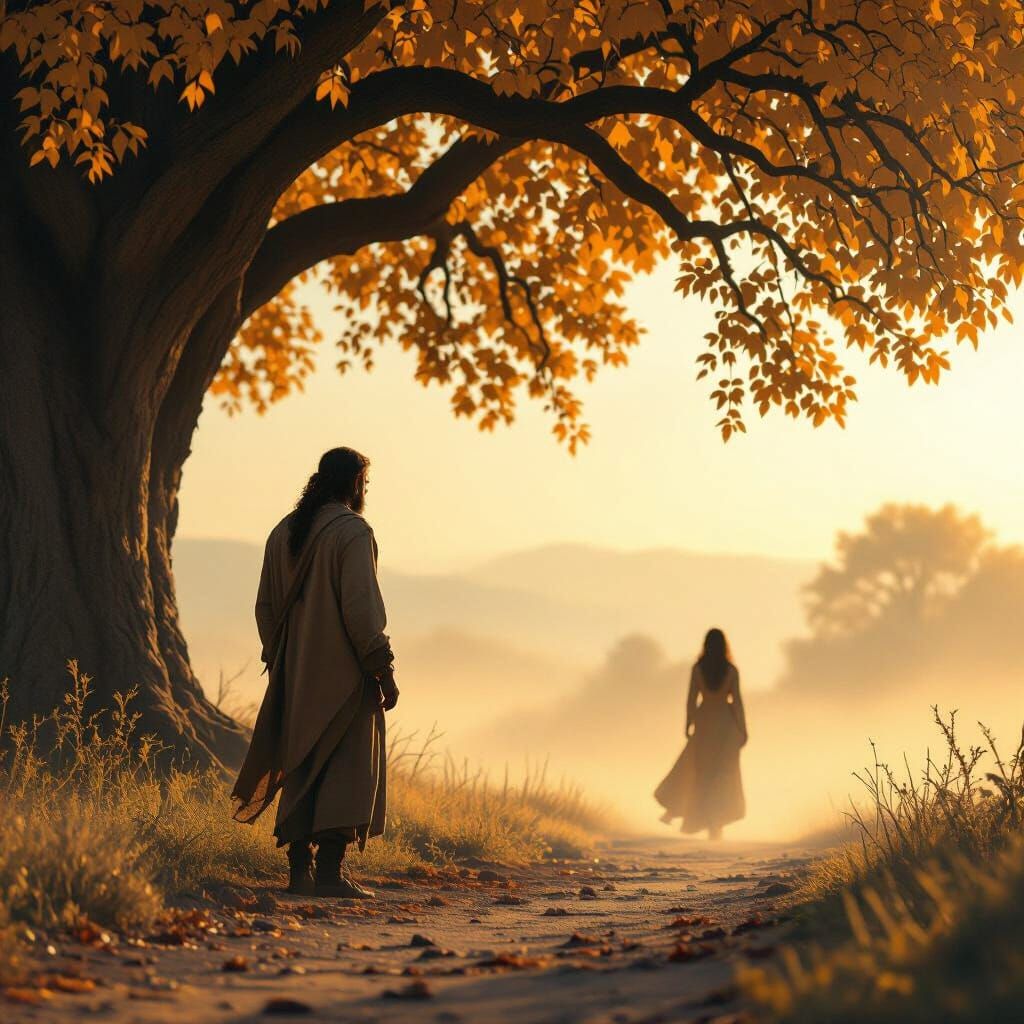 Solitary Man Under Golden Tree at Golden Hour