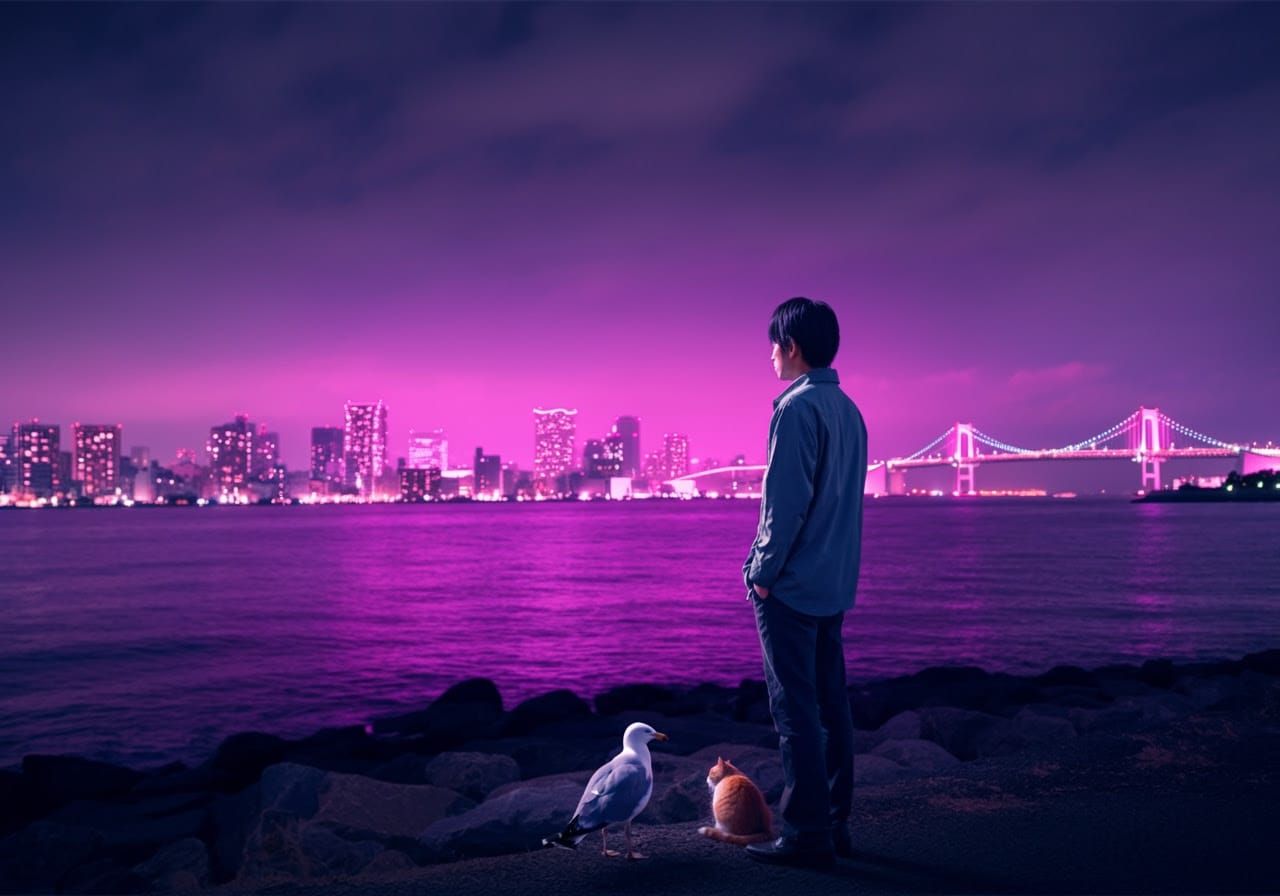 A person stands by the waterfront at night, gazing at a vibr...