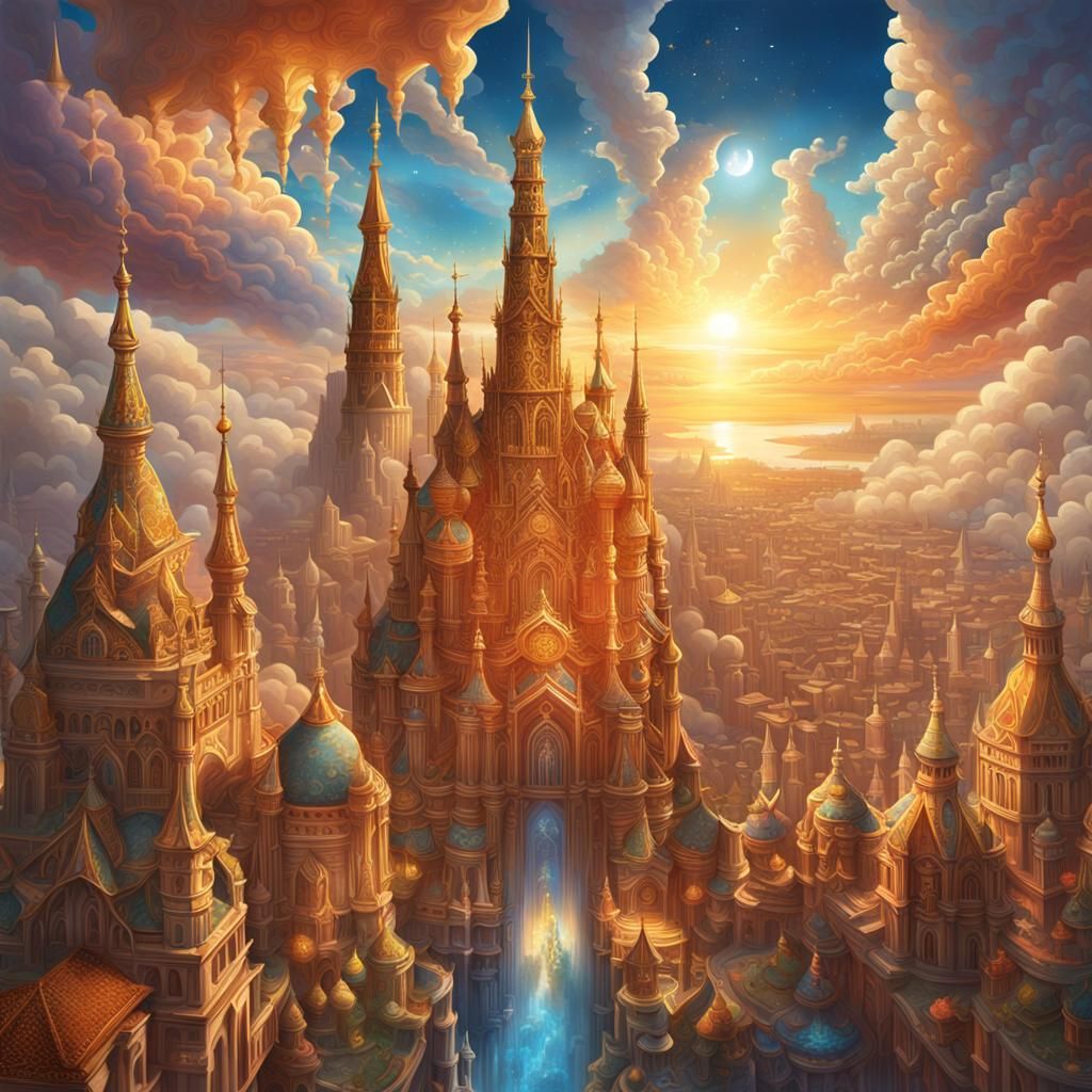 Celestial City Floating in Clouds: Hyperrealistic Concept Ar...