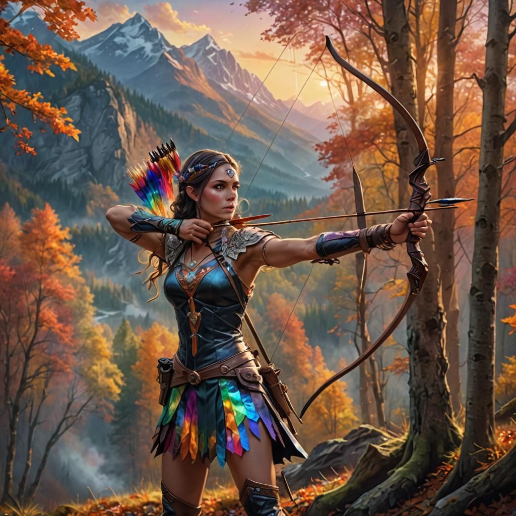 Archer Goddess with Rainbow Bow in Autumn Woods