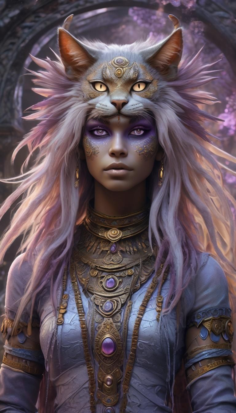 High Fantasy Feline Humanoid Portrait in Digital Painting St...