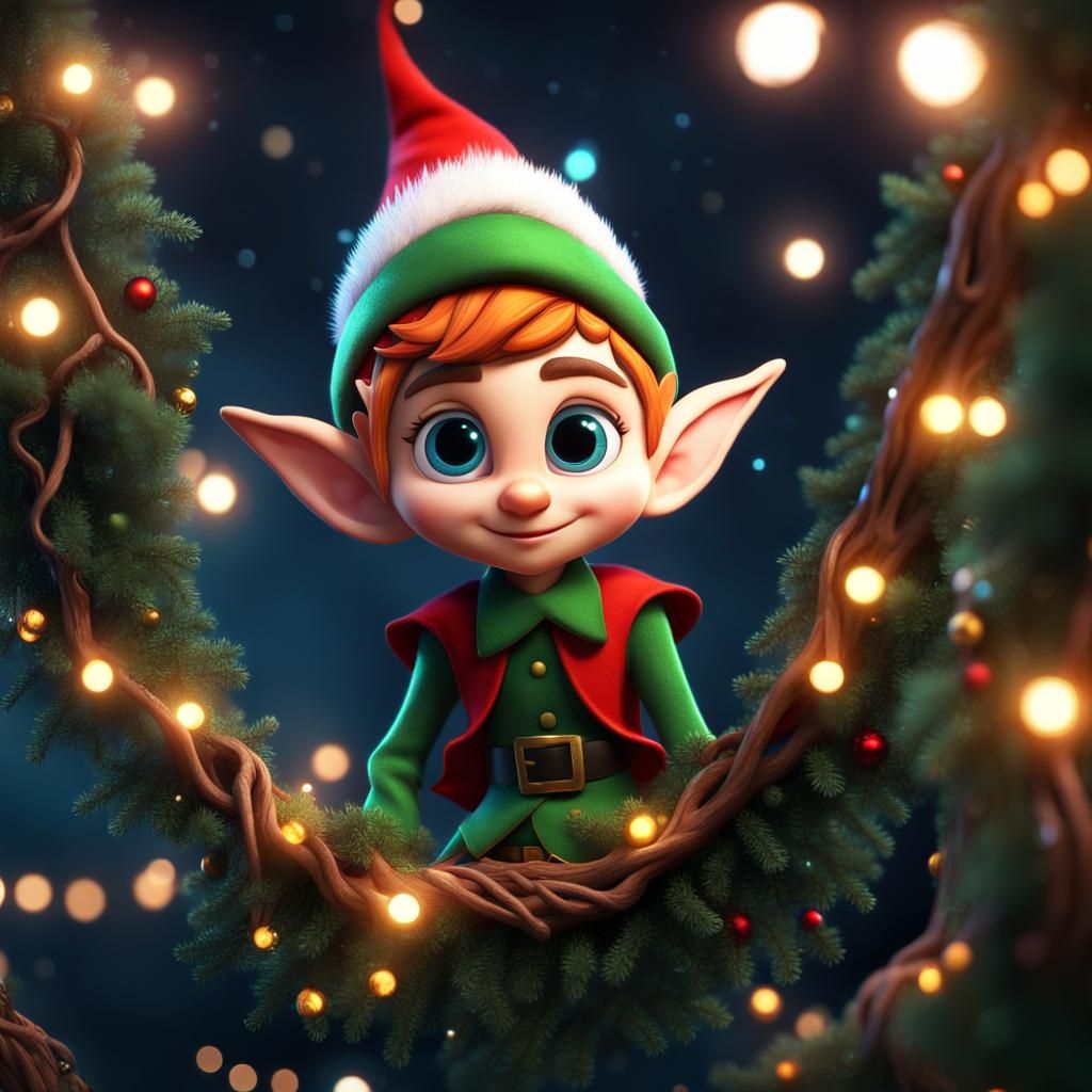 Cute Christmas Elf Peeking From Christmas Tree