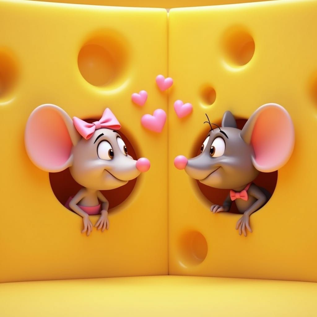 Whimsical Mice Peek Through Yellow Cheese Block in 3D Animat...