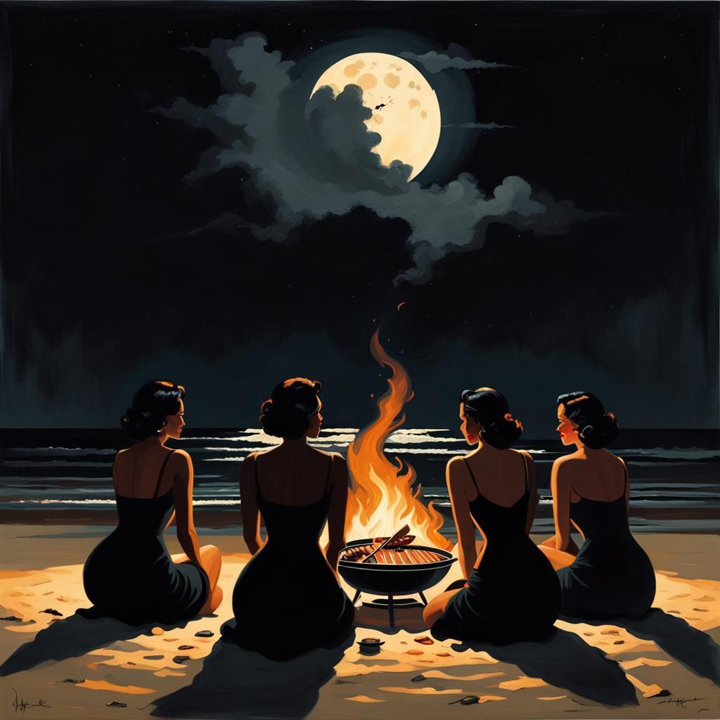 Moonlit Beach BBQ: Noir Night Scene