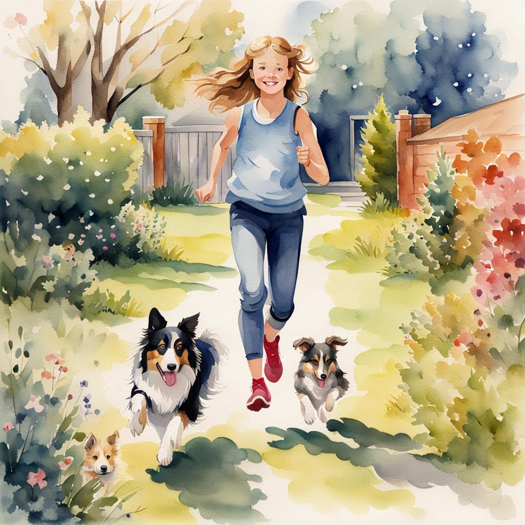 Girl Running with Collie: Watercolor Art