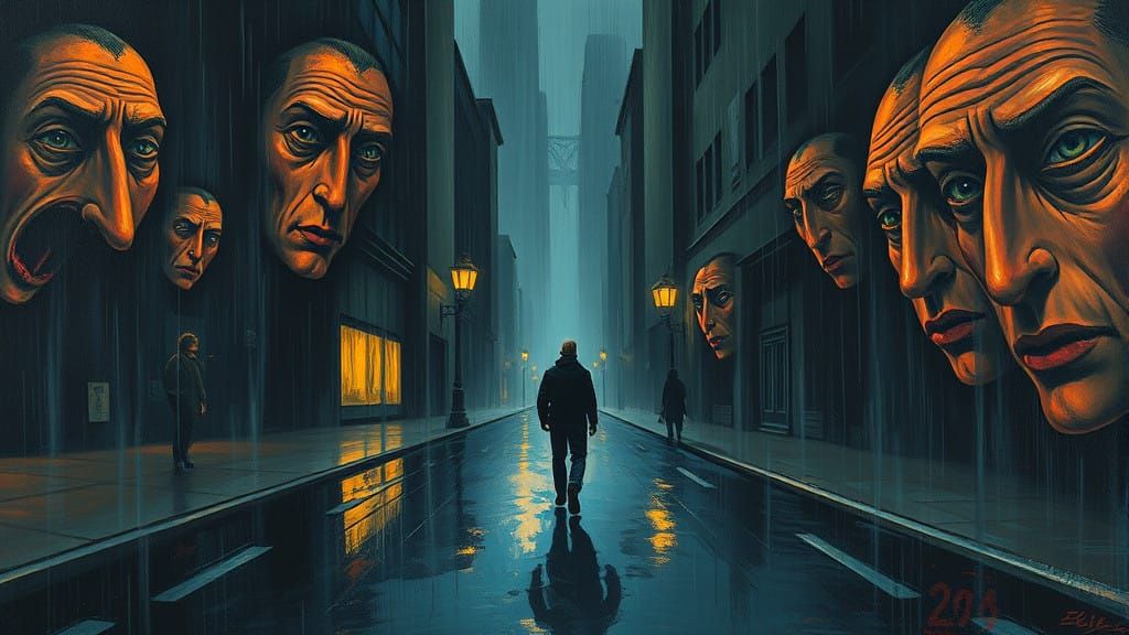 Isolated Figure Surrounded by Distorted Faces in a Surrealis...