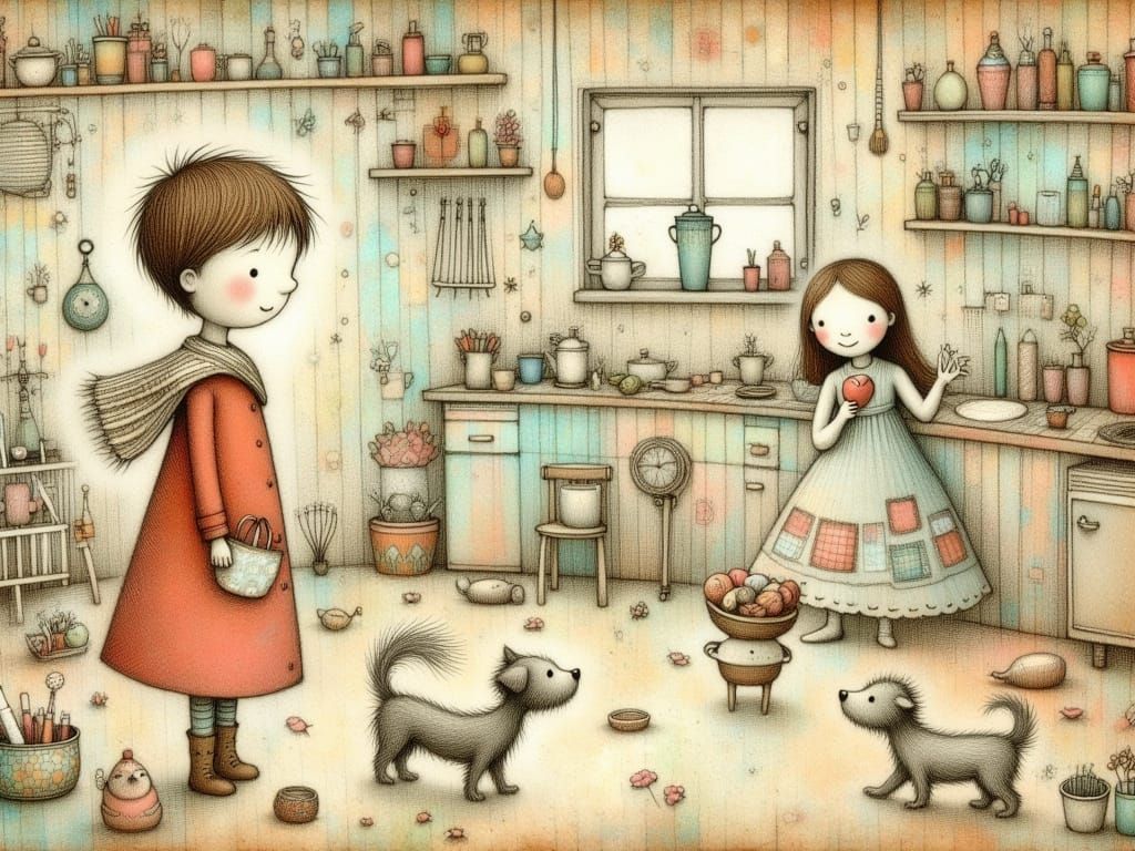 Children's Joyful Baking Scene in Whimsical Storybook Style