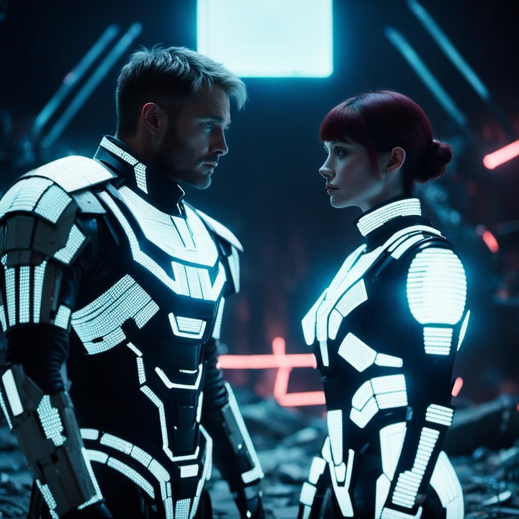 Neon Noir Knight Confronts Cyborg in Cyberpunk City