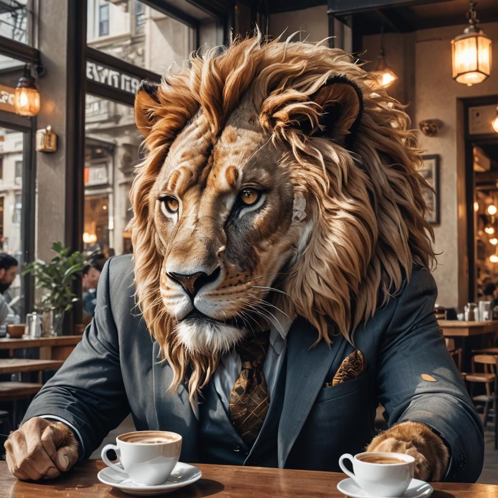 Lion-Headed Businessman in Cafe, Photorealistic Digital Art