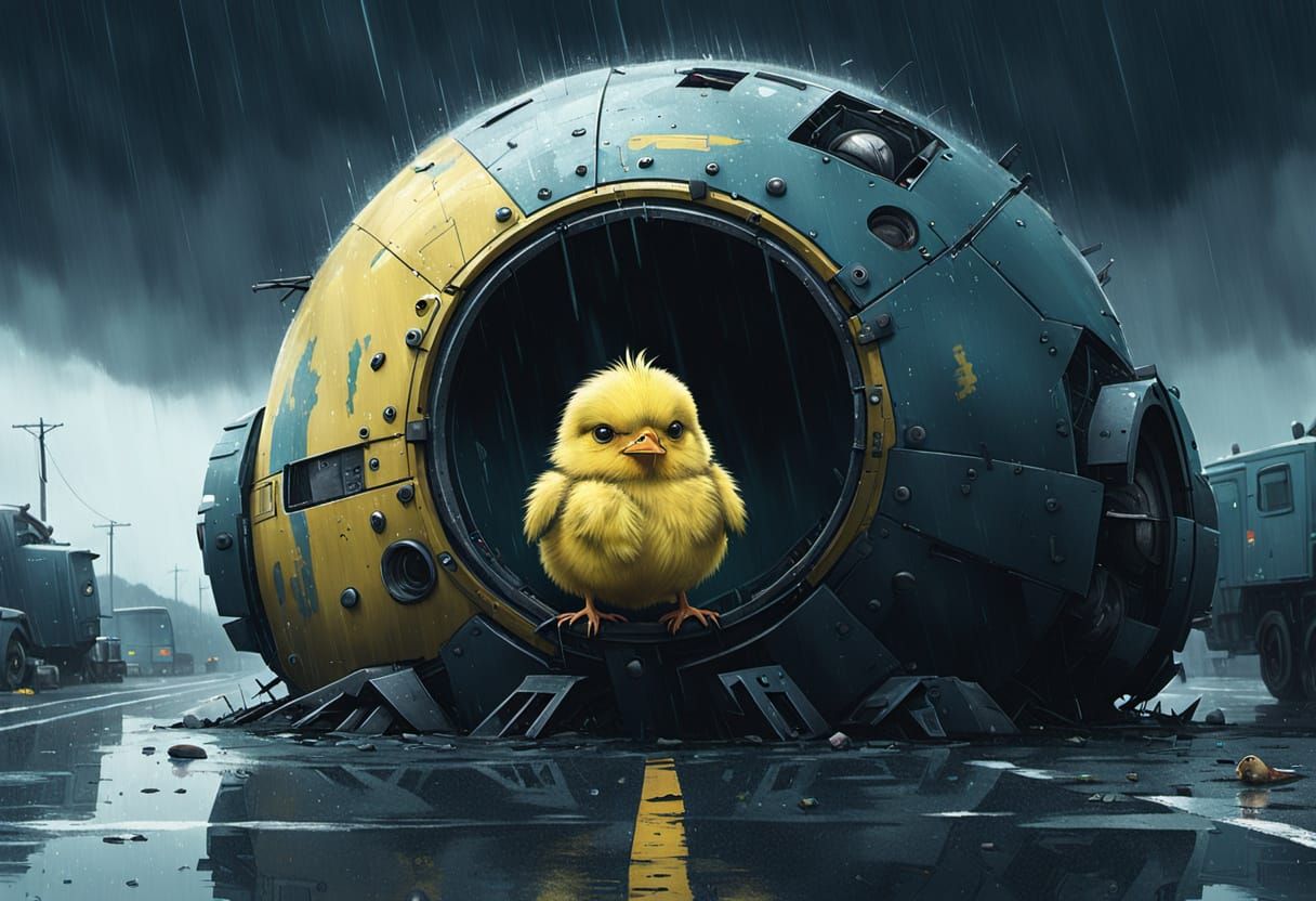 Grumpy Chick Shelters in Robot Eye Socket