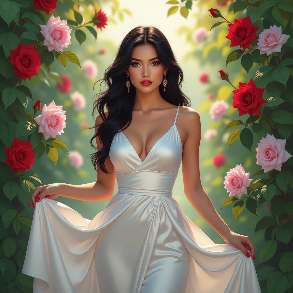 Woman in Rose Garden: Hyperrealistic Digital Art