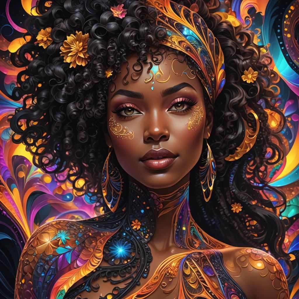 Black Beautiful Woman abstract vector fractal, wave function, Zentangle, 3d shading 8k ultra-realistic image blending Gr...