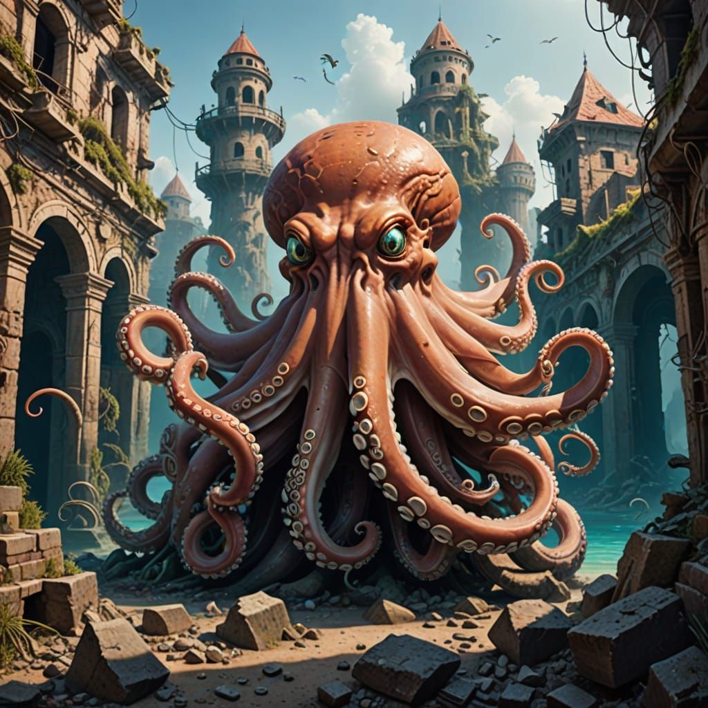 Giant Serpent-Octopus Hybrid in Underwater City Ruins