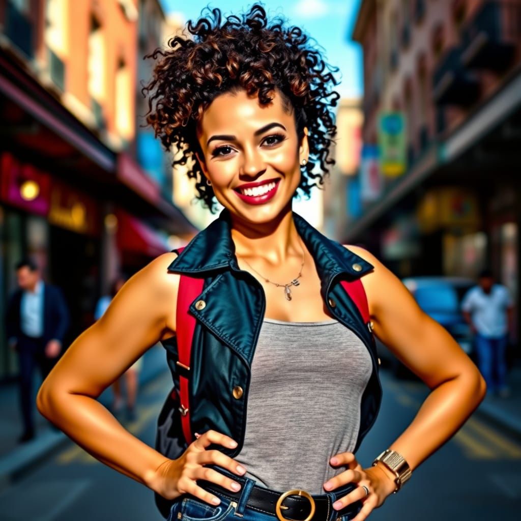 Confident Woman in City Street, in Graphic Style