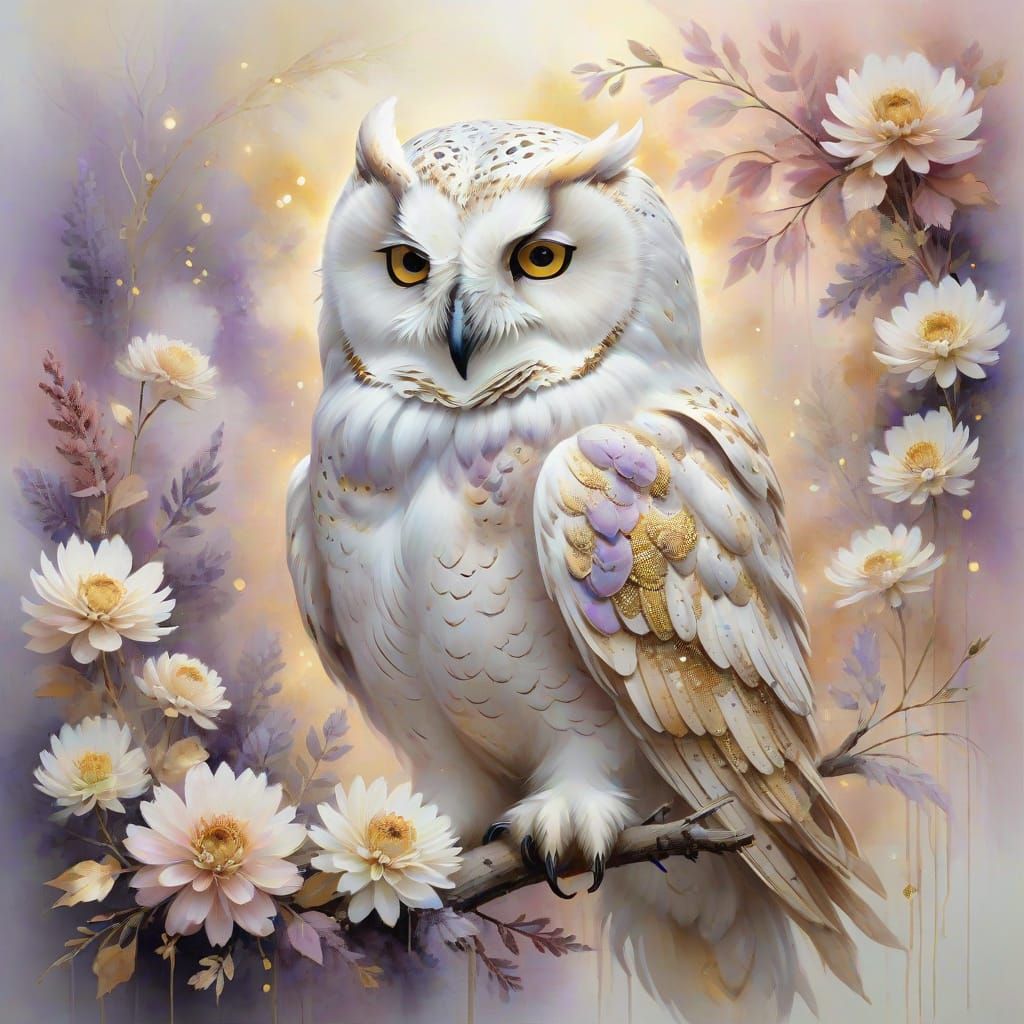 Snow Owl in Abstract Painterly Autumnal Scene
