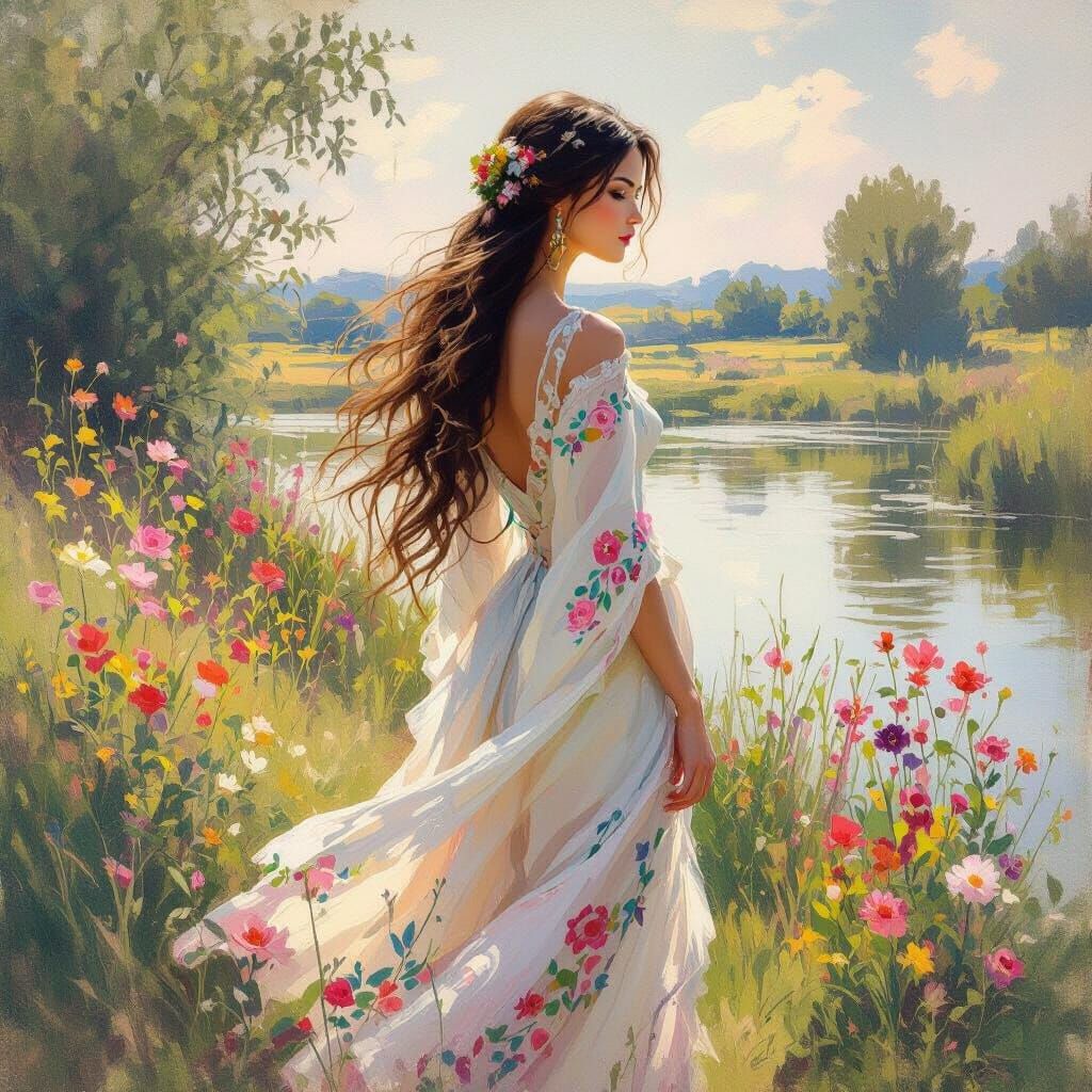 Majestic Woman in Floral Patterns in Serene Landscape