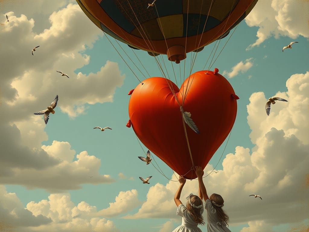Girls and Heart Balloon in Whimsical Style